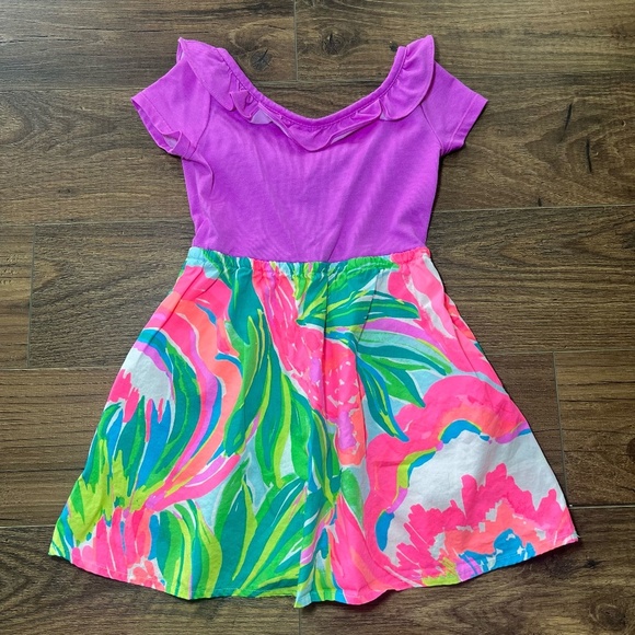 Lilly Pulitzer Girls Brit Dress Paradise Bound Ruffle Purple Pockets Size XS 2-3 - Picture 1 of 13